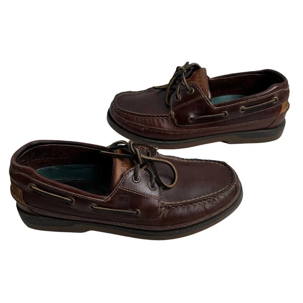 Sperry Top Sider Mako Collection Men's preppy Brown Leather Boat Shoes SZ 9.5 M
